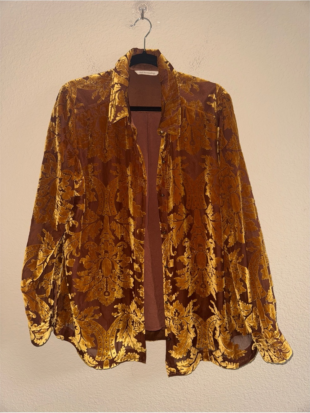 Soft Surroundings Gold Damask Velvet Button Down Luxurious Long Sleeve Large
